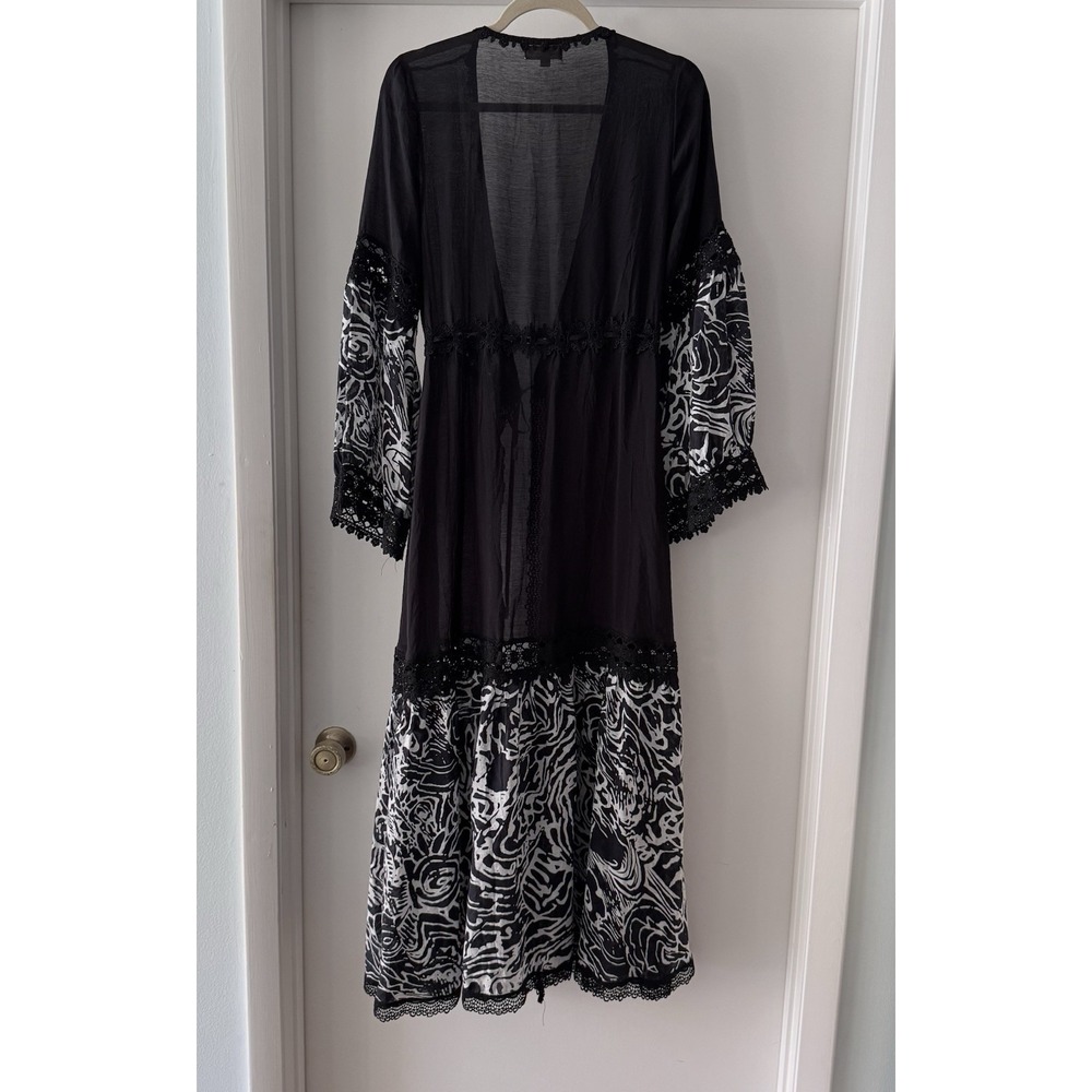 Elan Kimono Maxi Duster Black Print Lace Sheer Boho Festival Whimsygoth Sz M - Picture 6 of 11